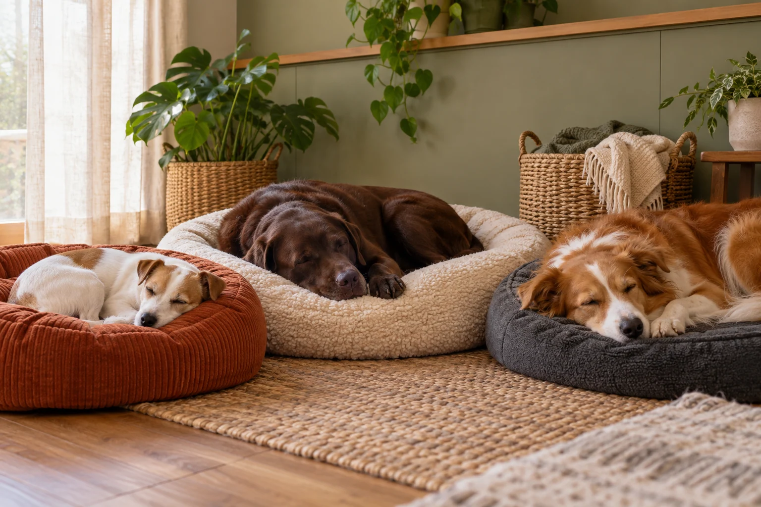 Three dogs sleeping on separate soft beds beside a sage wall, a basket of blankets and linen curtains