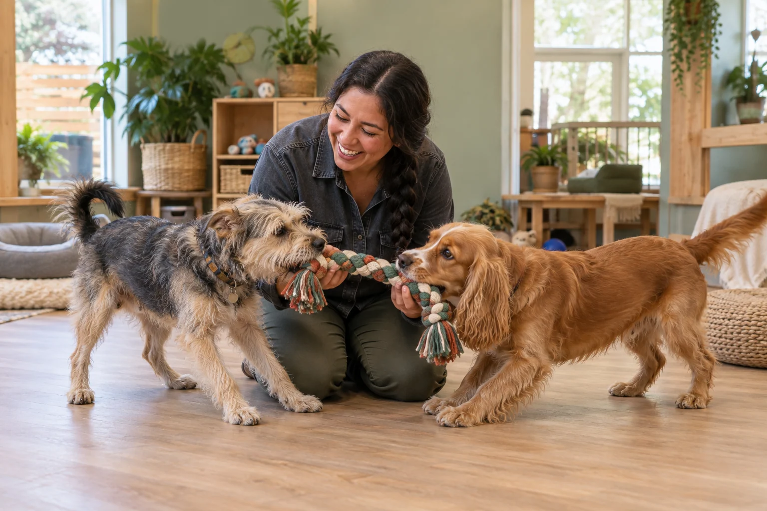 A carer in a charcoal shirt kneeling in the dog play room as a scruffy terrier and golden spaniel share a rope toy