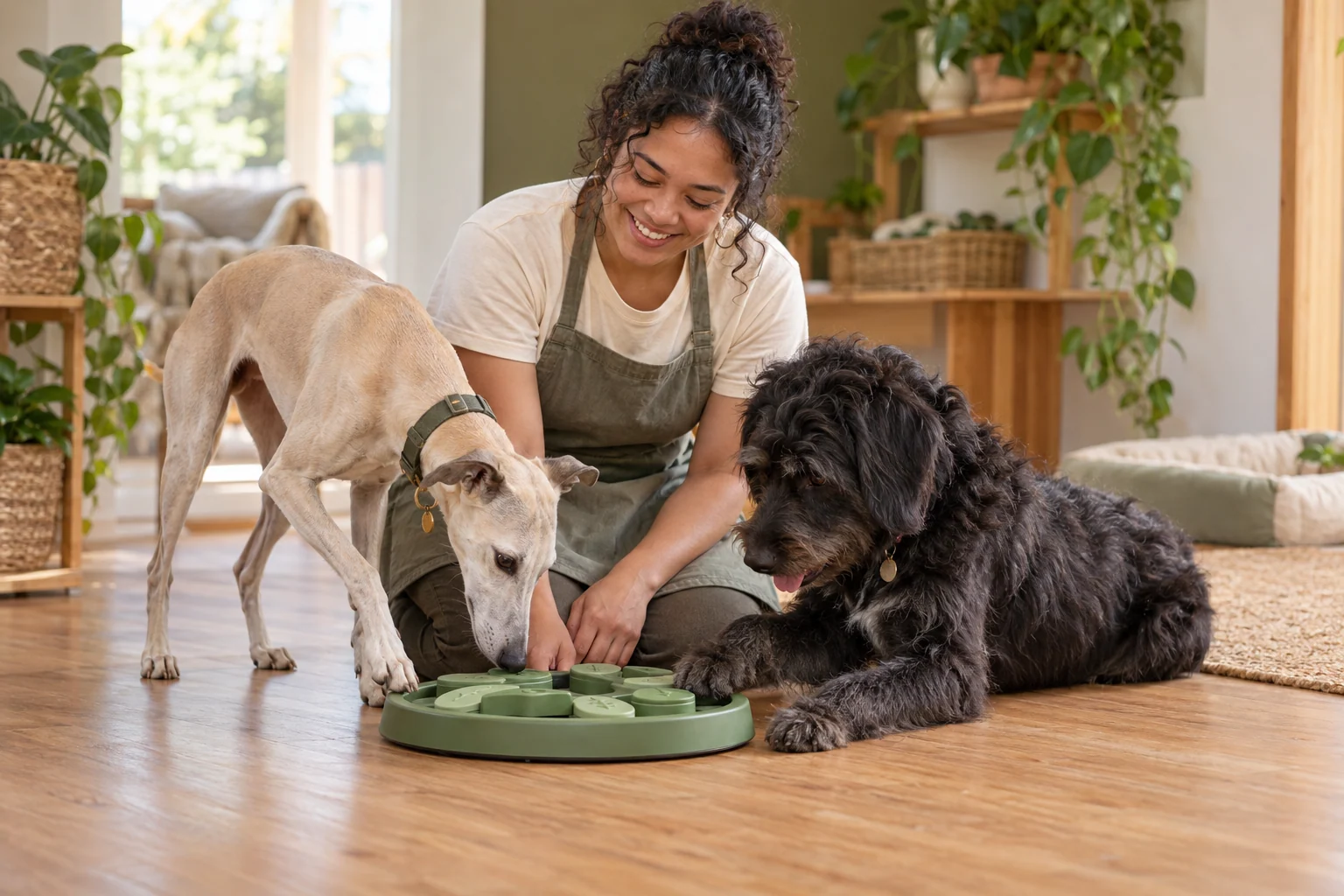 A carer kneeling beside a whippet and a shaggy black dog exploring a green puzzle feeder in a timber-floored play room