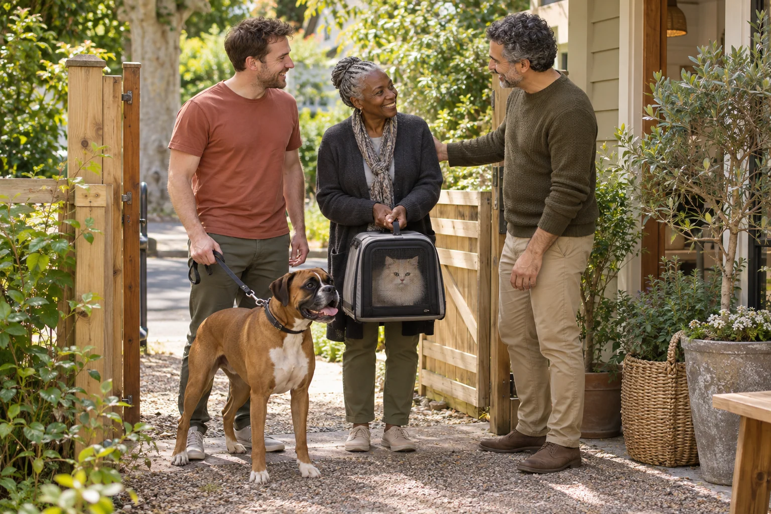 A carer welcoming a man with a boxer on a lead and an older woman carrying a long-haired cat in a closed carrier at the garden gate