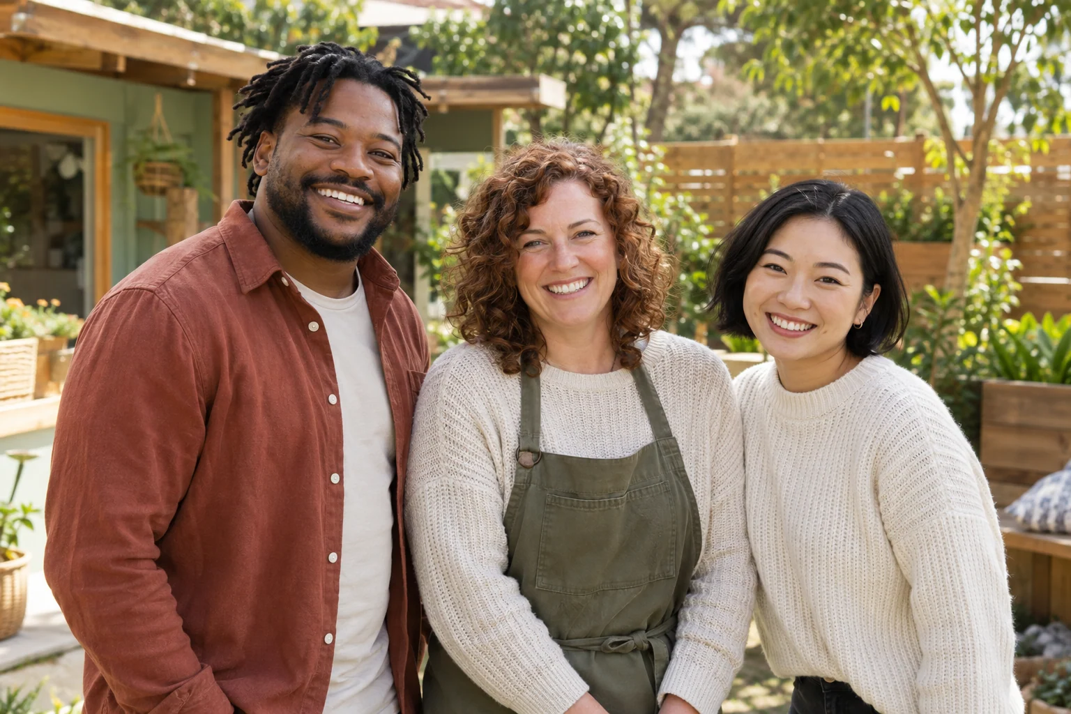 Three carers in rust, oatmeal and cream clothing standing in a sunny garden beside a timber fence and planters