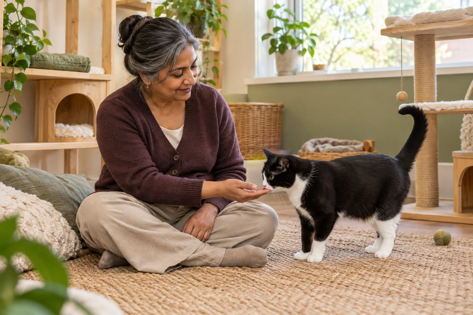 A carer sitting quietly on a rug as a tuxedo cat approaches her open hand in the cat room