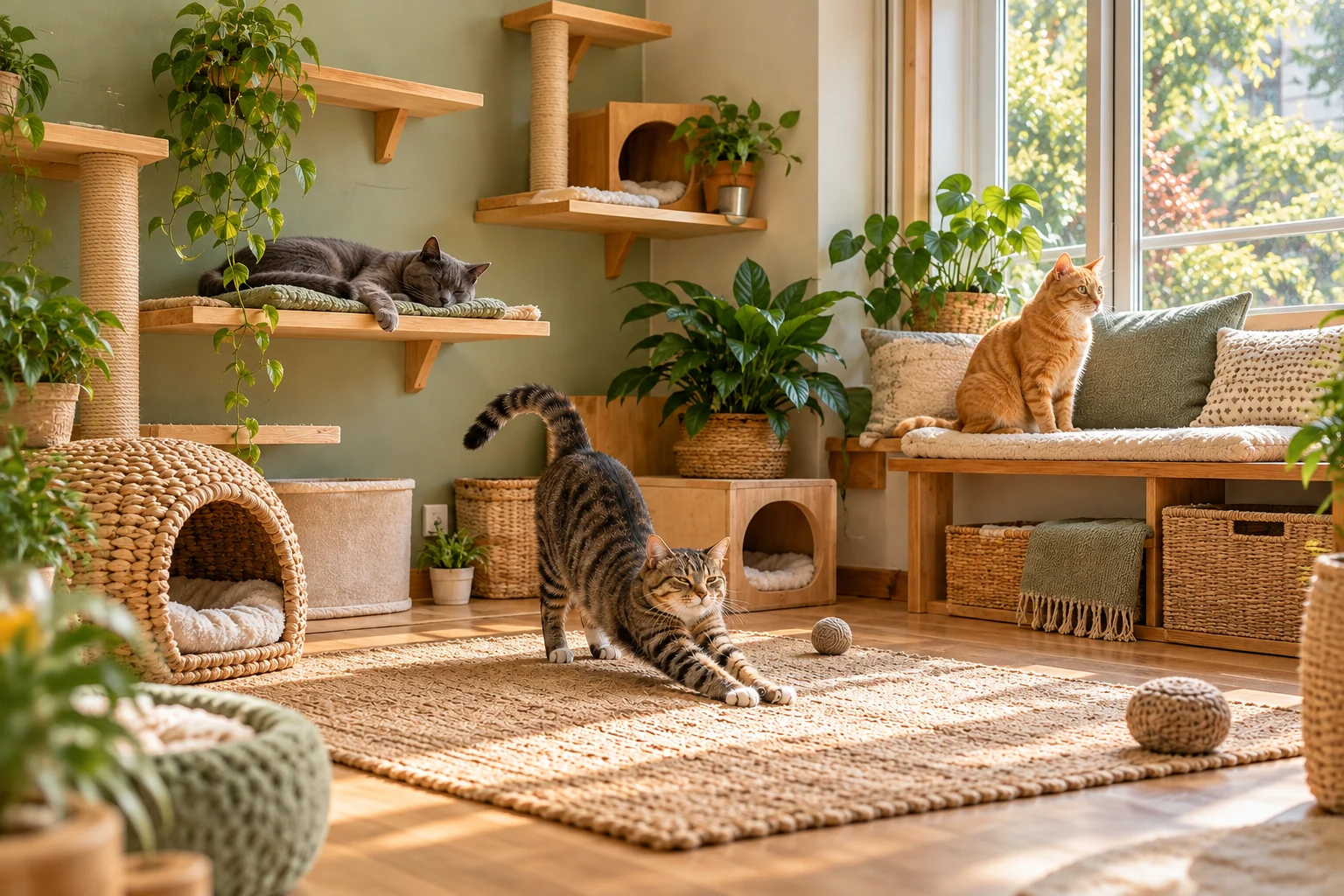 A grey cat resting on a shelf, a ginger cat at a sunny window and a tabby stretching on a rug in a quiet cat room