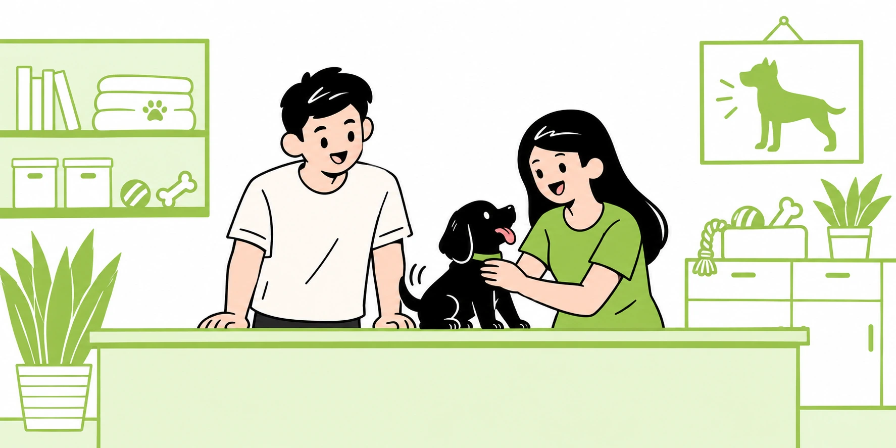 An illustration of two carers welcoming a black puppy at a reception desk