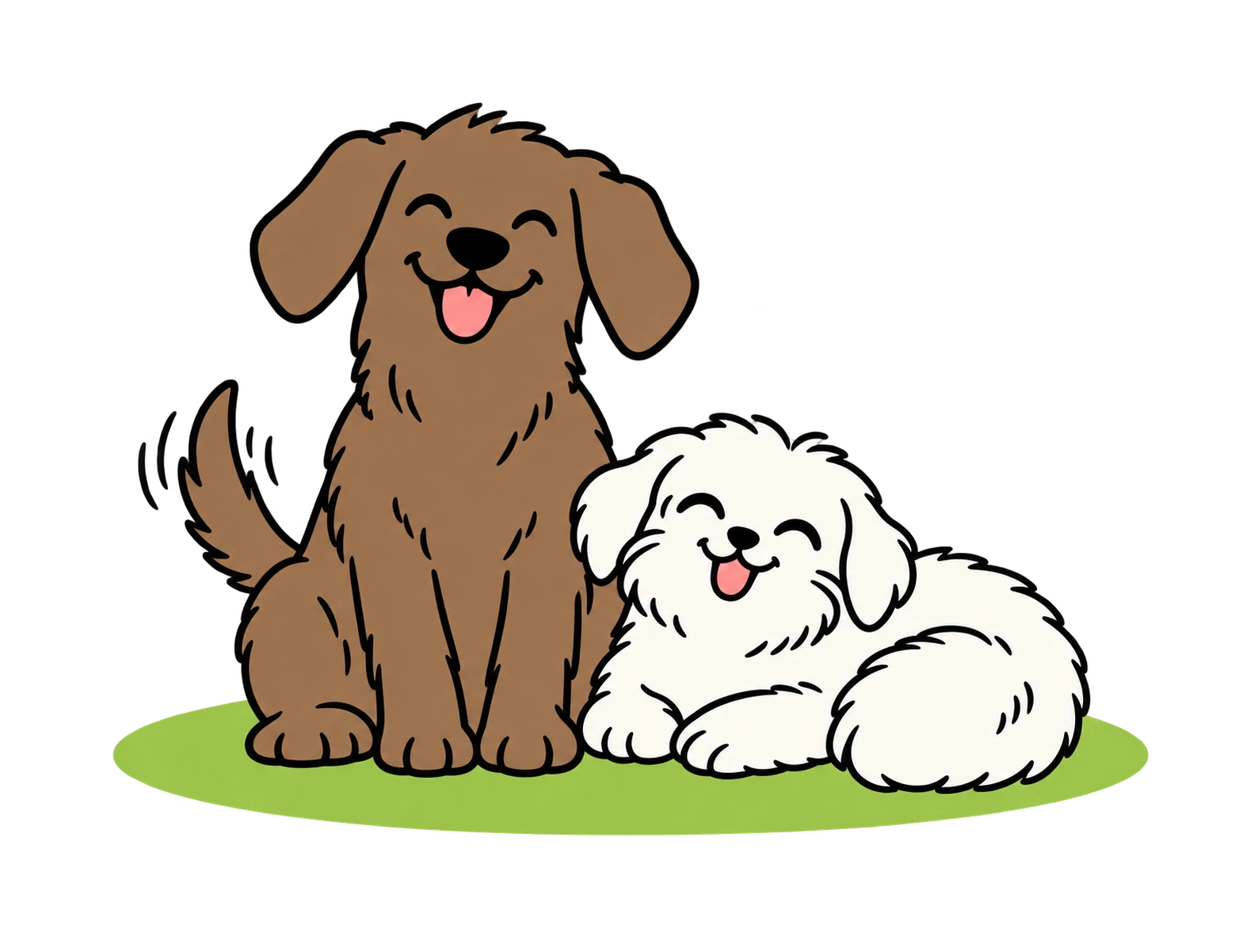 An illustration of a brown dog and a fluffy white dog sitting together