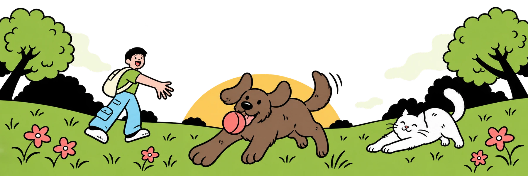 An illustration of a person, a dog and a cat playing in a sunny park