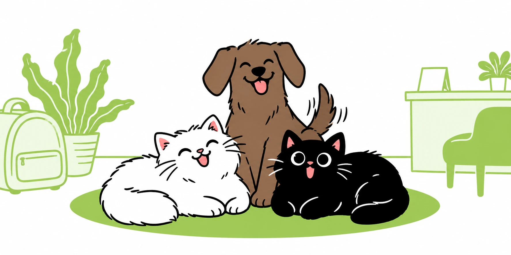 An illustration of a brown dog, a white cat and a black cat relaxing on a green rug